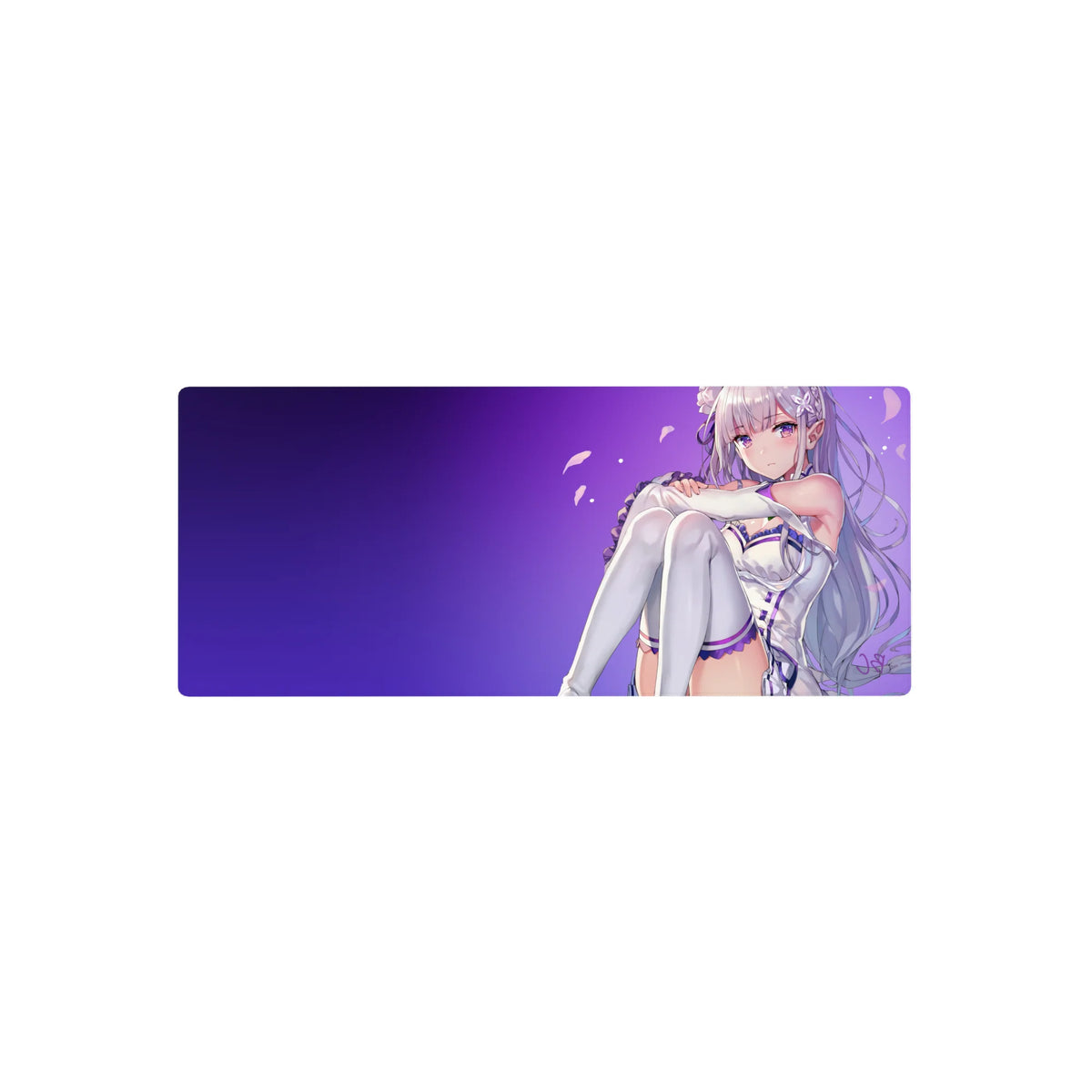 Re:ZERO Emilia anime girl mouse pad 28x12 inches with silver hair and lavender outfit on purple gradient.
