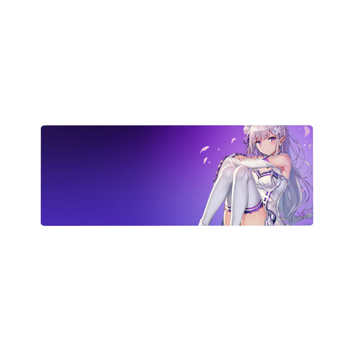 32x12 inches anime girl desk mouse pad with Emilia-inspired art, silver hair and lavender-white outfit.