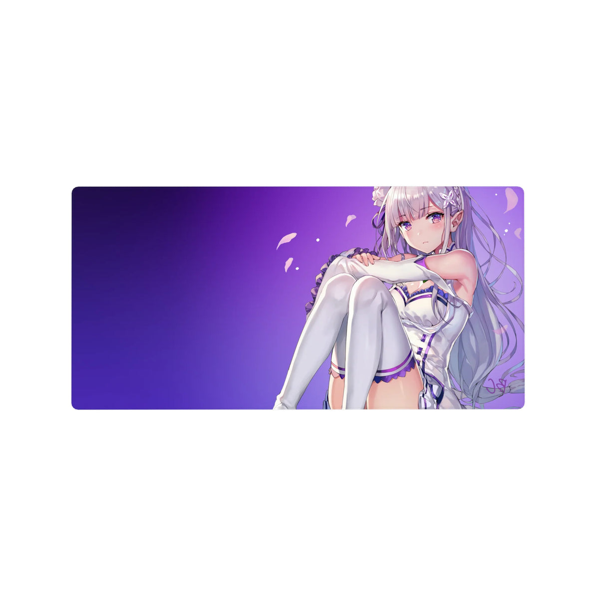 32x16 inches anime girl mouse pad with Emilia-inspired artwork, silver hair and lavender-white outfit.