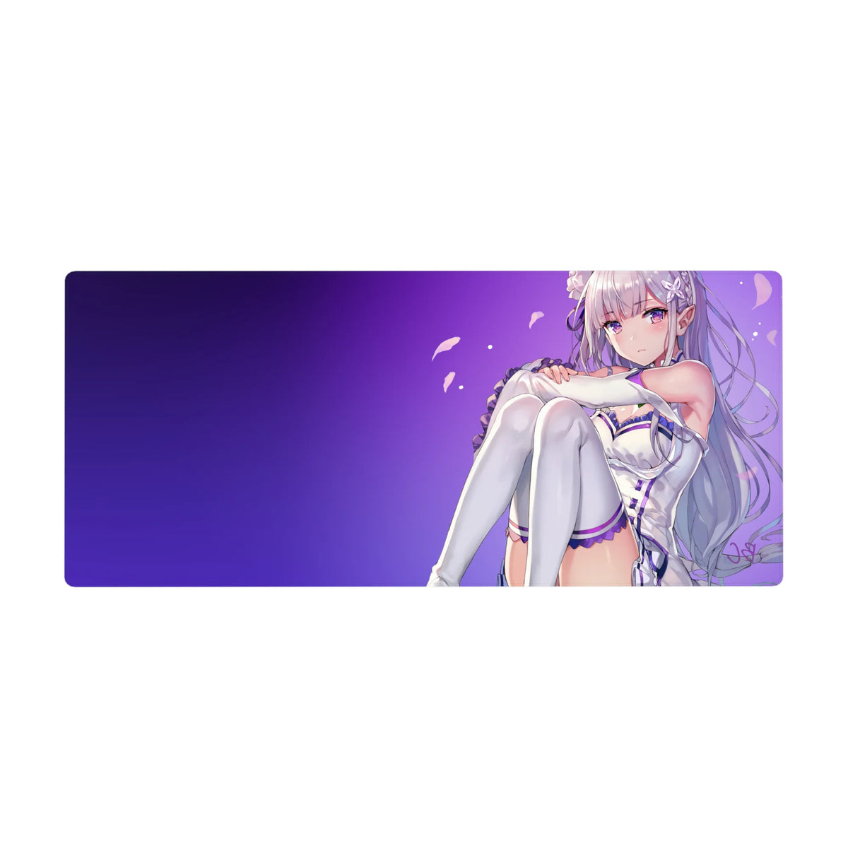 36x16 inches anime girl desk pad with Emilia-inspired art, silver hair and lavender-white outfit.
