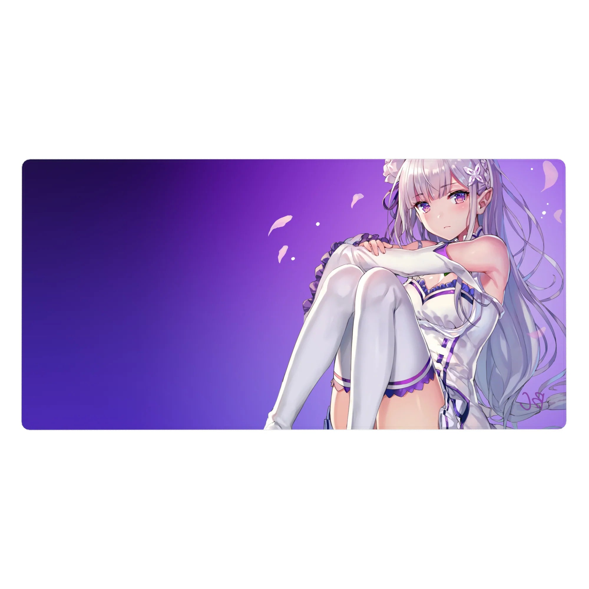 Anime girl desk pad 40x20 inches with Emilia-inspired artwork, silver hair, white-lavender outfit.