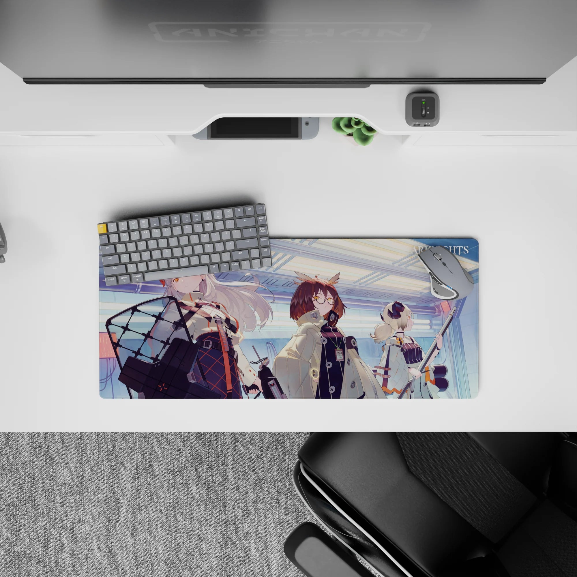 Cool blue and gray anime mouse pad 28x12 inches with icy glow, orange accents, comfy gaming vibe.
