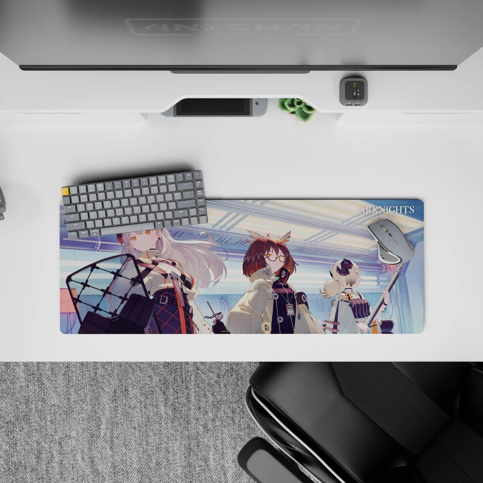 Icy blue and gray anime girl mouse pad 32x12 inches with orange accents and a cool lab glow mood.