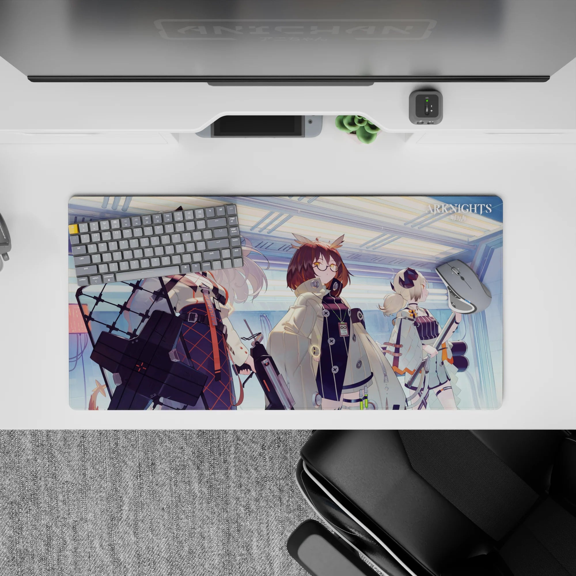 Icy blue and soft gray anime girl mouse pad 32x16 inches with orange accents, cool-lab glow.