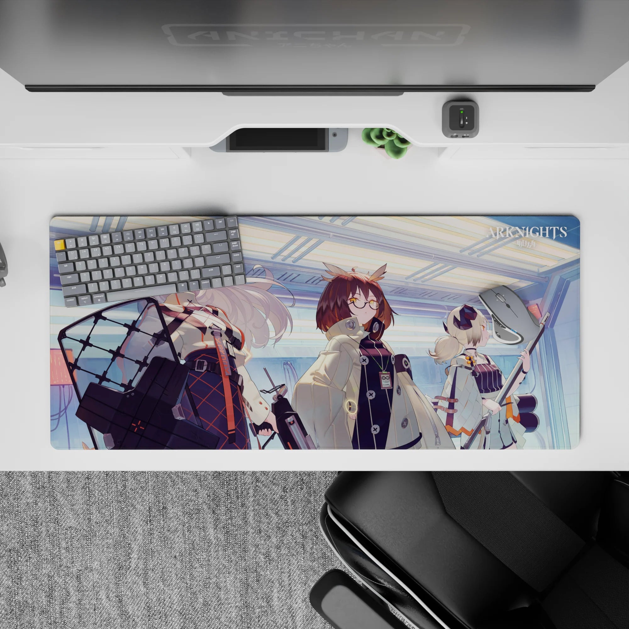 Icy blue and soft gray anime desk pad 36x16 inches with orange accents and cool lab vibes.