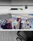 Icy blue and soft gray anime desk pad 36x16 inches with orange accents and cool lab vibes.