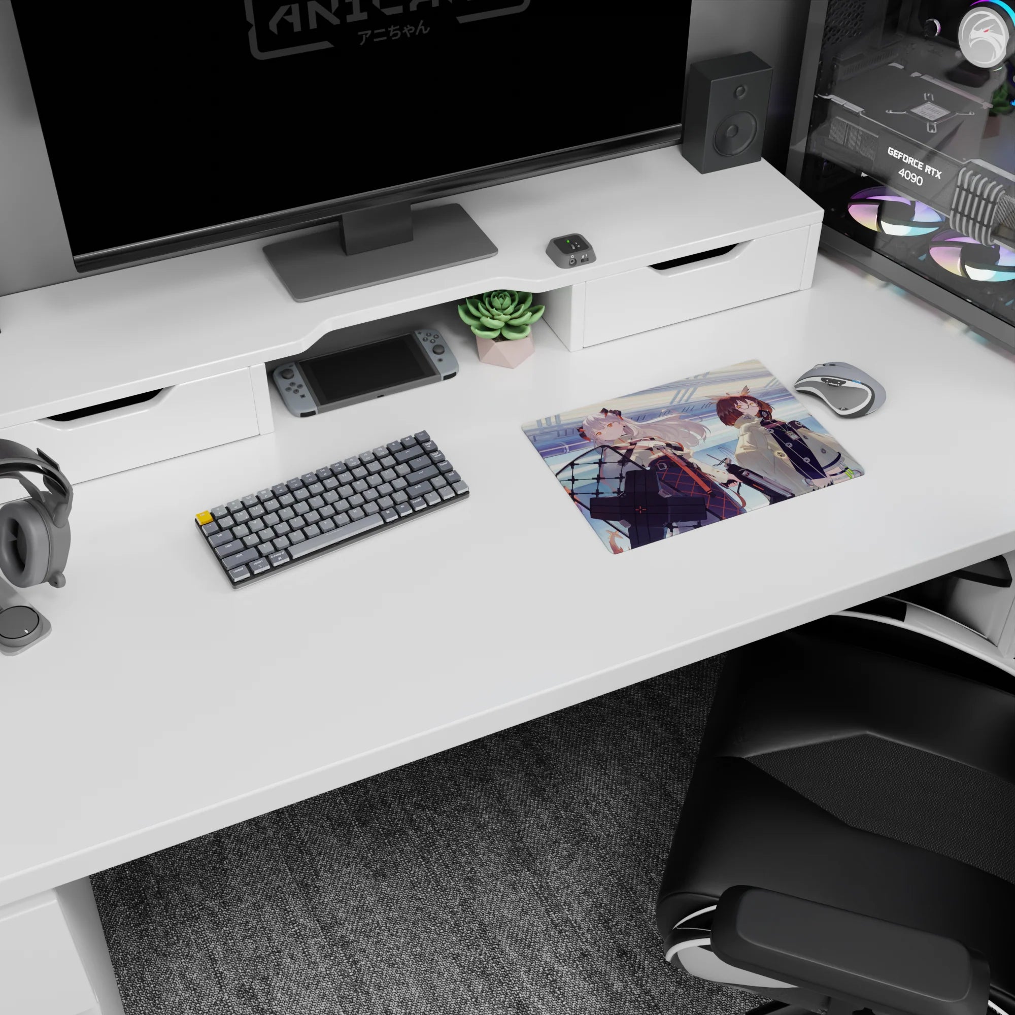 Anime girl mouse pad 14x10 inches featuring silver-haired girl with shield gear and two teammates.
