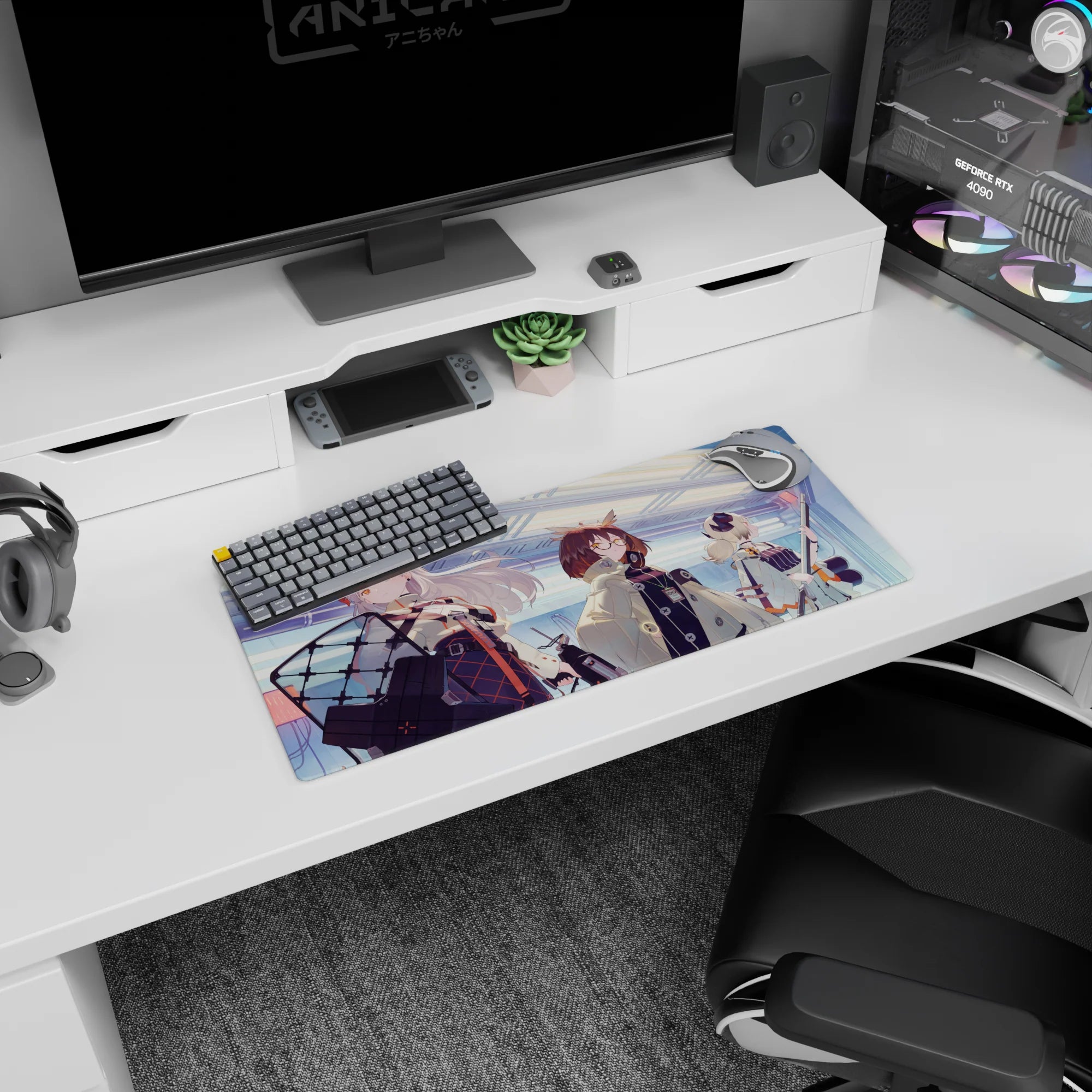 Anime girl mouse pad 28x12 inches featuring silver-haired red-accent operator with shield gear and skirt.