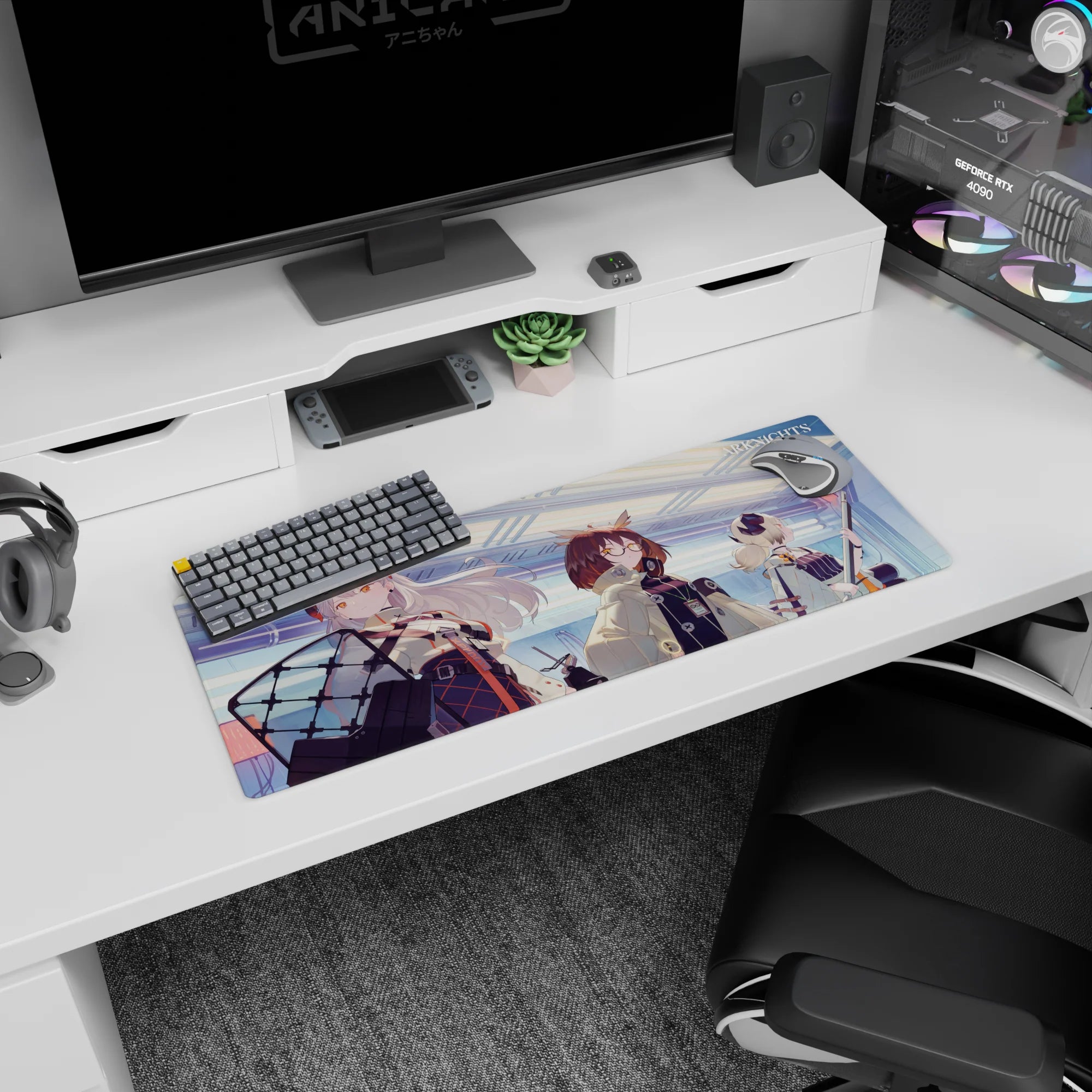 Anime girl mouse pad 32x12 inches featuring silver-haired red-accented operator with shield gear beside teammates.