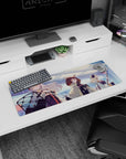 Anime girl mouse pad 32x12 inches featuring silver-haired red-accented operator with shield gear beside teammates.