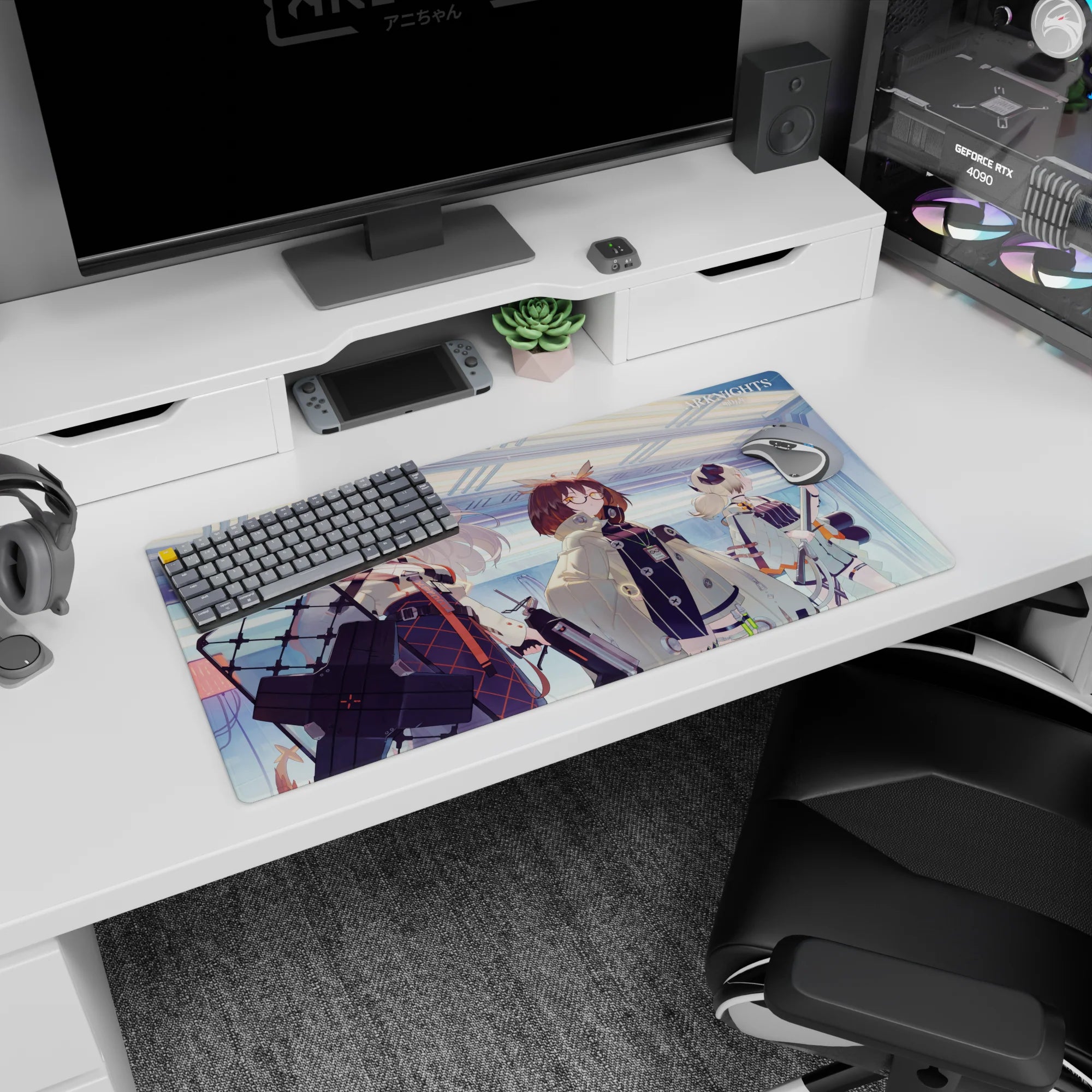 Silver-haired operator with red accents and shield gear anime girl mouse pad 32x16 inches in sci-fi hall.