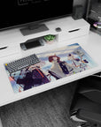 Silver-haired operator with red accents and shield gear anime girl mouse pad 32x16 inches in sci-fi hall.