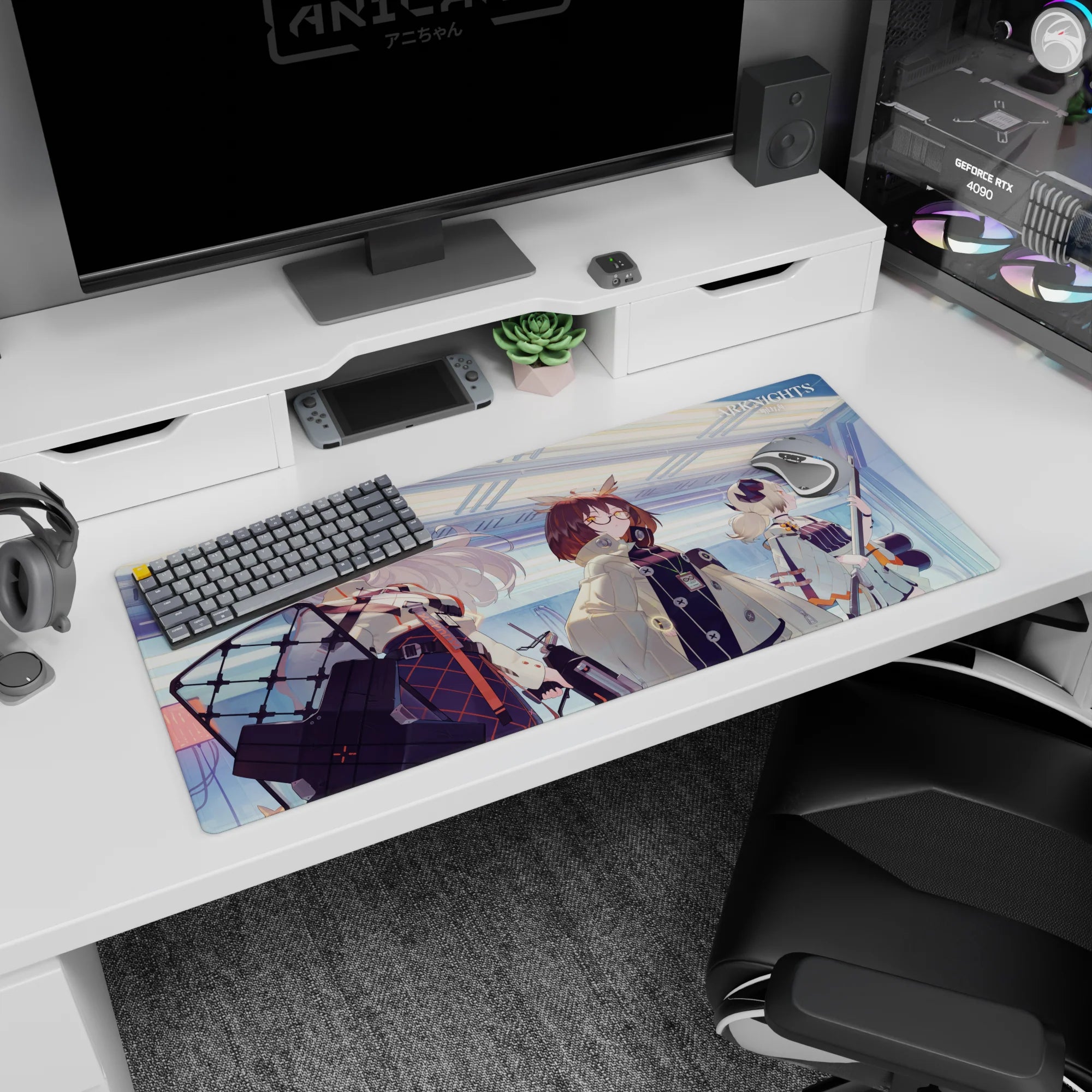 Silver-haired anime girl with red accents, shield gear, plus teammates on desk pad 36x16 inches.