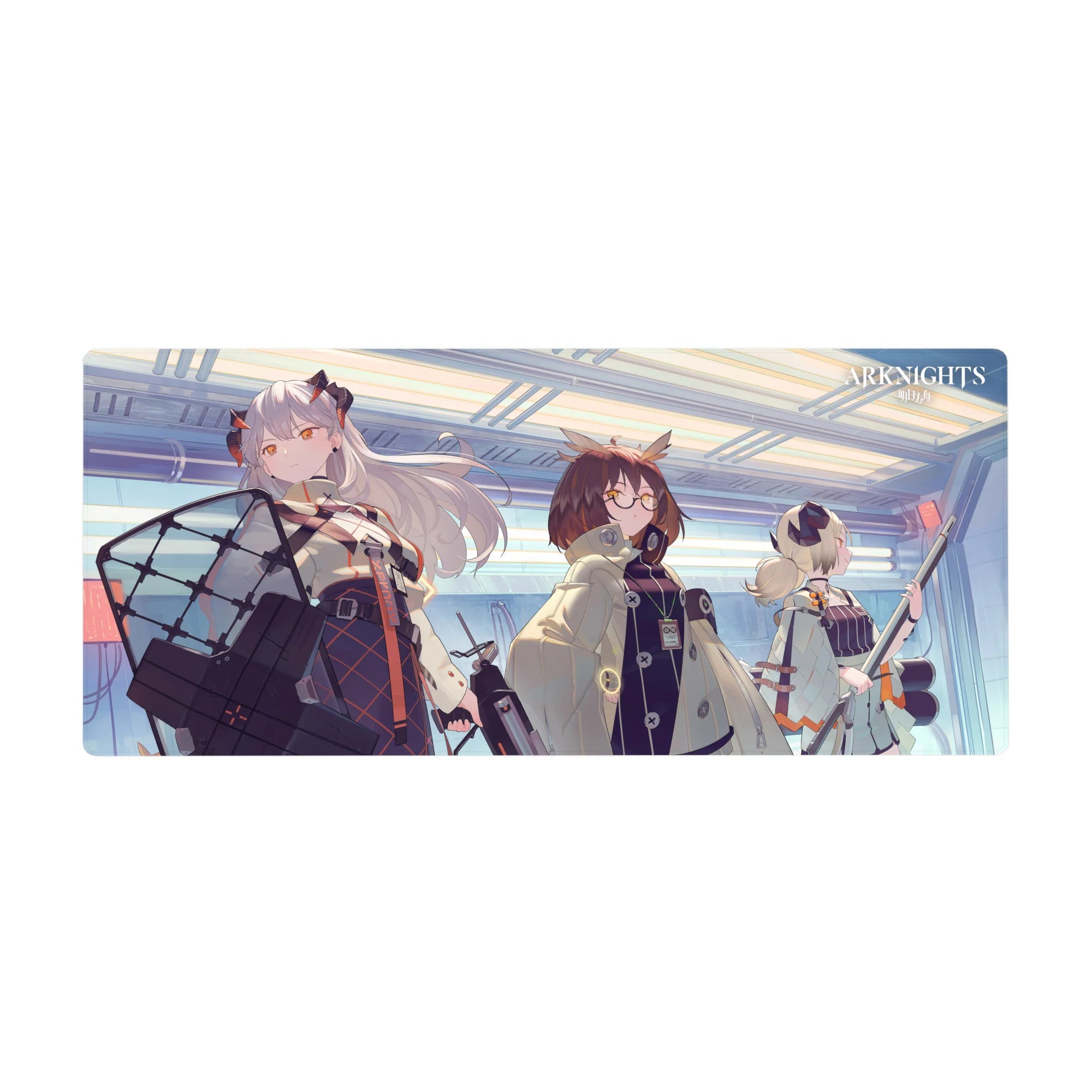 Arknights anime girl desk pad 36x16 inches with three operators in a futuristic hallway glow.