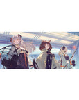 Arknights anime girl desk pad 36x16 inches with three operators in a futuristic hallway glow.