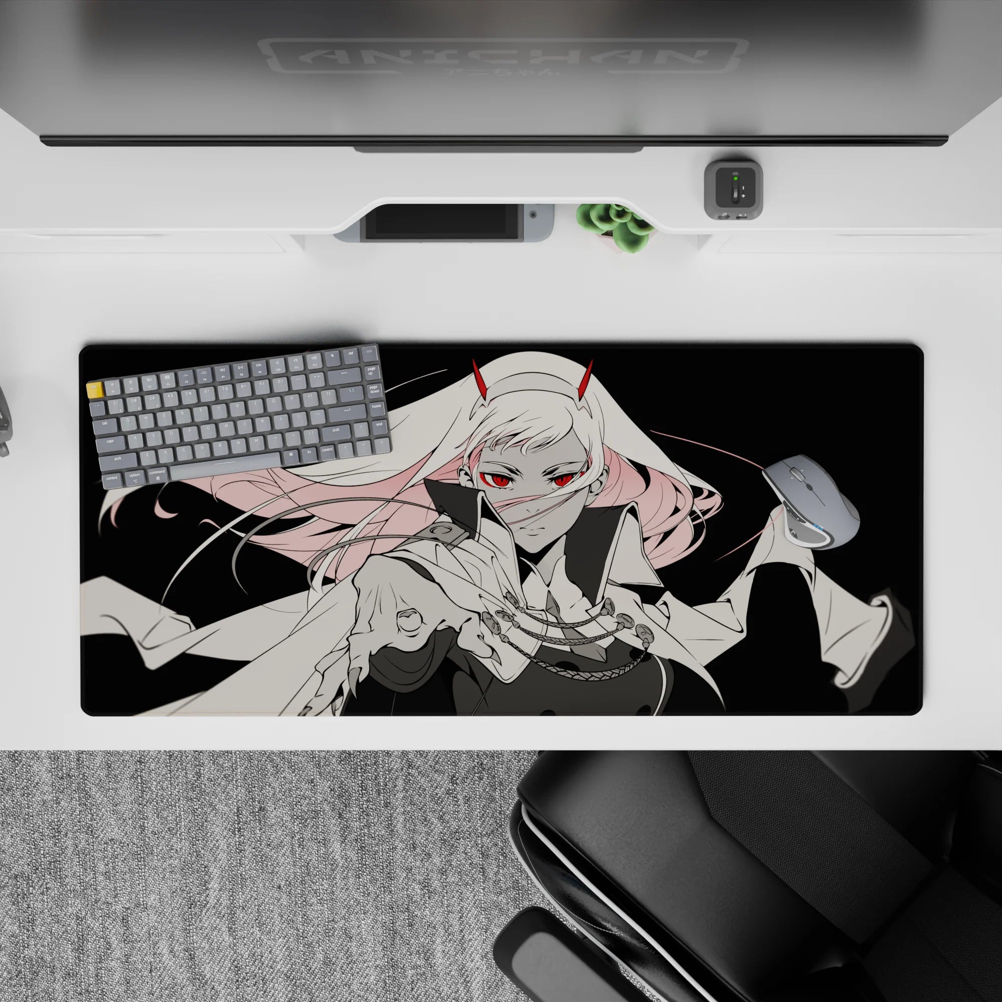 36x16 inches mouse pad with monochrome and crimson elements, featuring red eyes and a tattered cloak for a bold, fearless anime-inspired look.