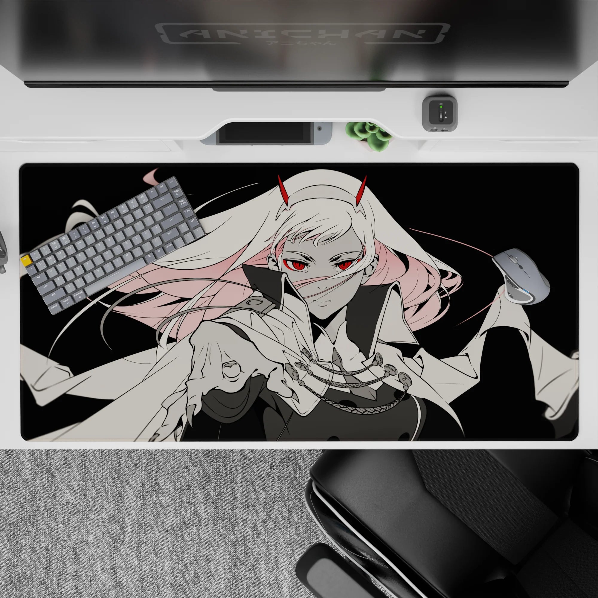 40x20 inches mouse pad with a striking monochrome and crimson design, featuring red eyes, flowing hair, and a tattered cloak for a fearless anime aesthetic.