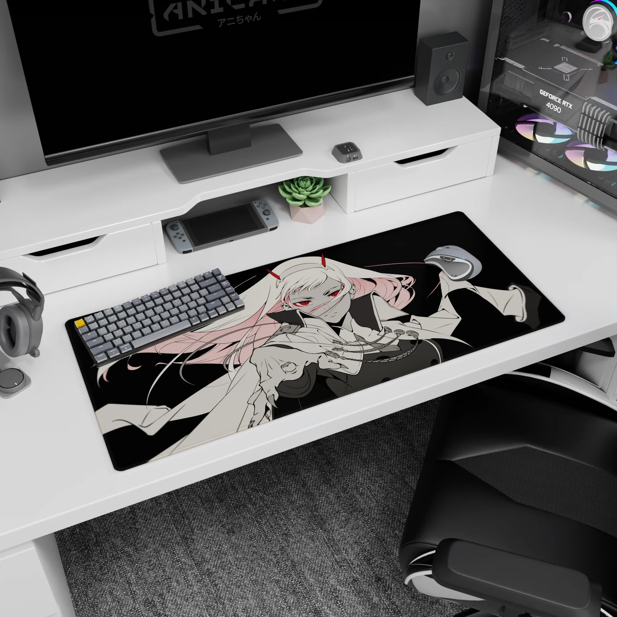 Artistic 36x16 inches mouse pad with monochrome-meets-crimson theme, featuring red eyes, flowing hair, and a tattered cloak for a high-contrast, fearless design.