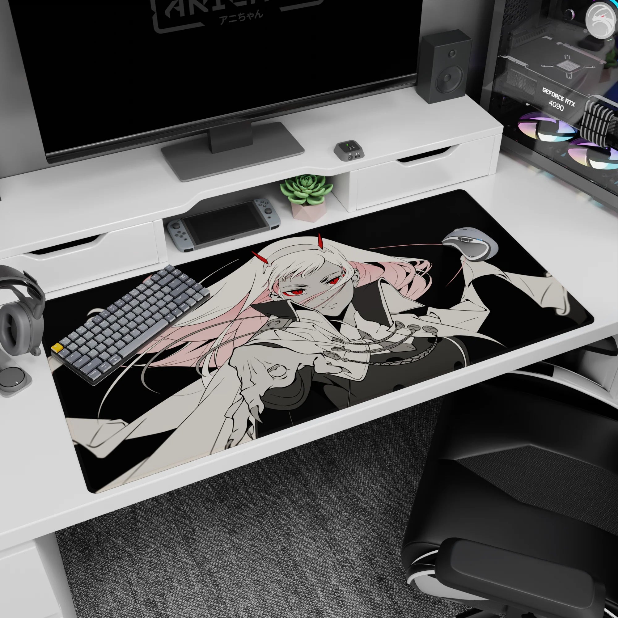 Large 40x20 inches mouse pad featuring a high-contrast monochrome-meets-crimson design, with piercing red eyes and a tattered cloak for bold anime vibes.