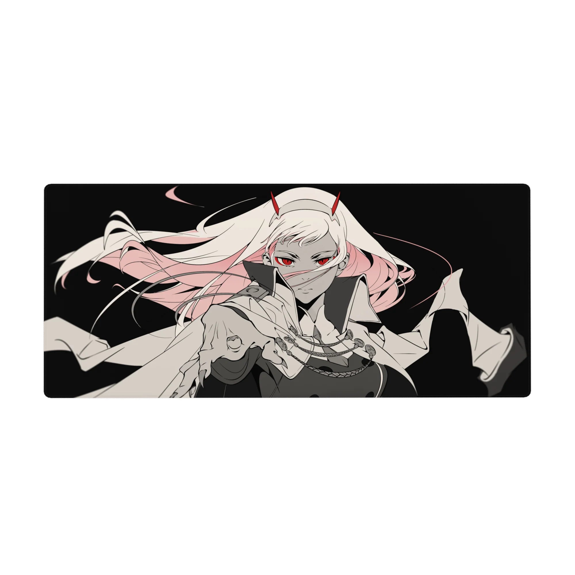 Mouse pad featuring monochrome-meets-crimson anime design, 36x16 inches, with red eyes, flowing hair, and a tattered cloak for intense contrast and impact.