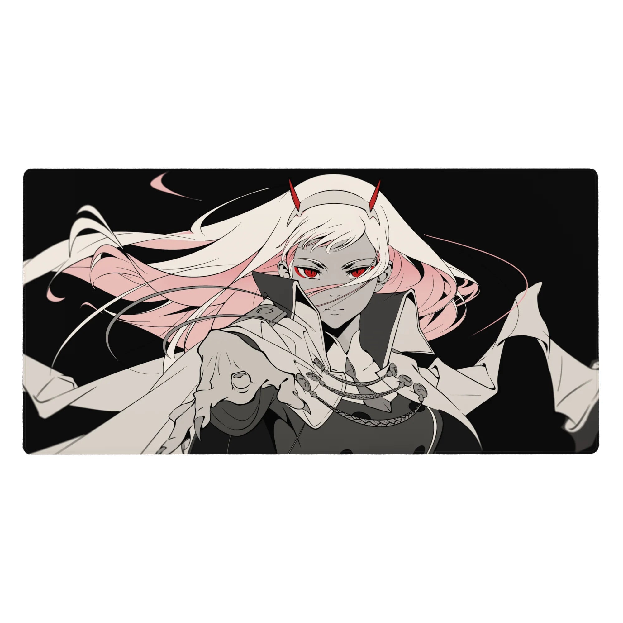 Mouse pad featuring bold anime design, 40x20 inches, with monochrome-meets-crimson theme, red eyes, flowing hair, and a tattered cloak for high-contrast intensity.