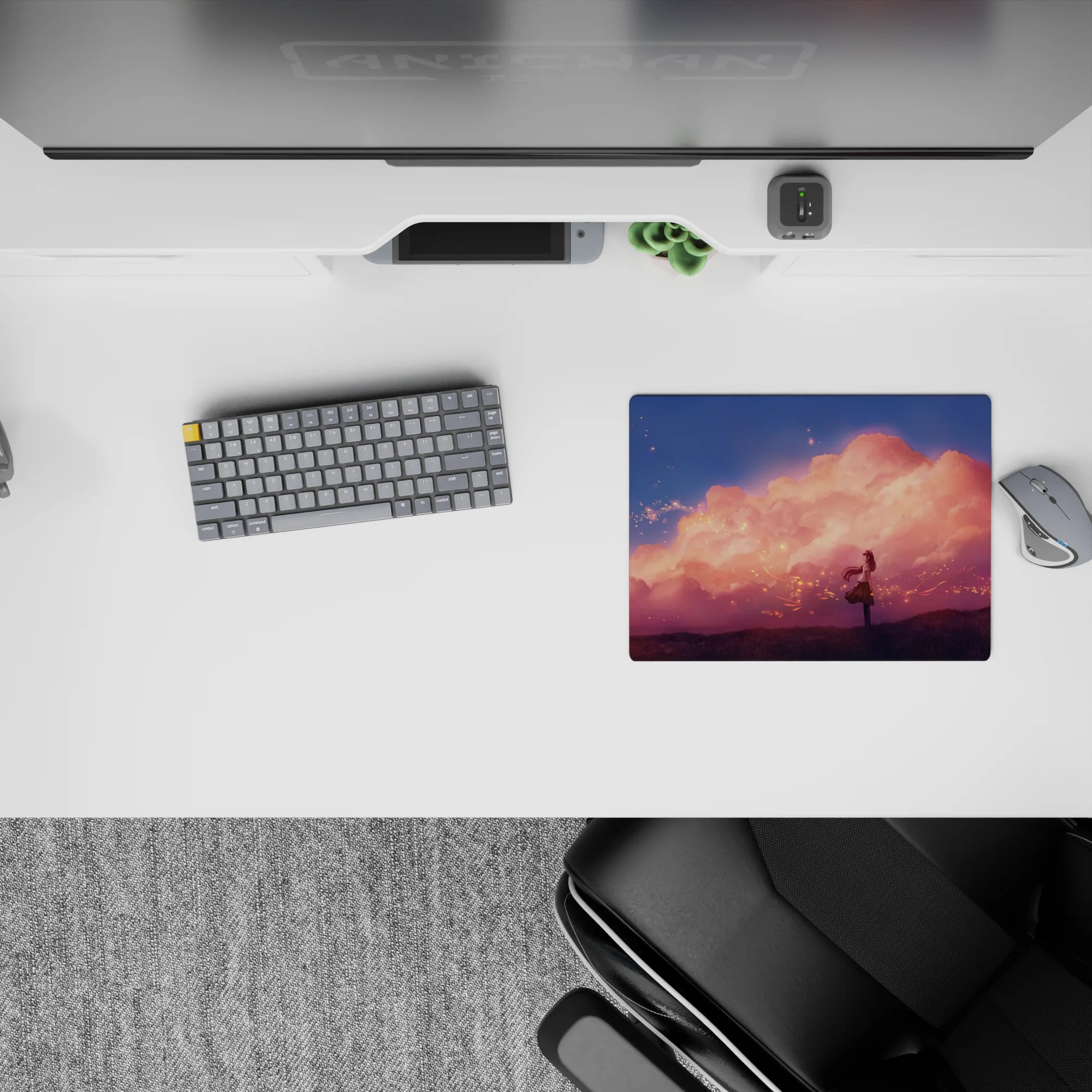 Dreamy pink-peach haze anime girl mouse pad 14x10 inches, calm romantic mood for cozy desk setups.