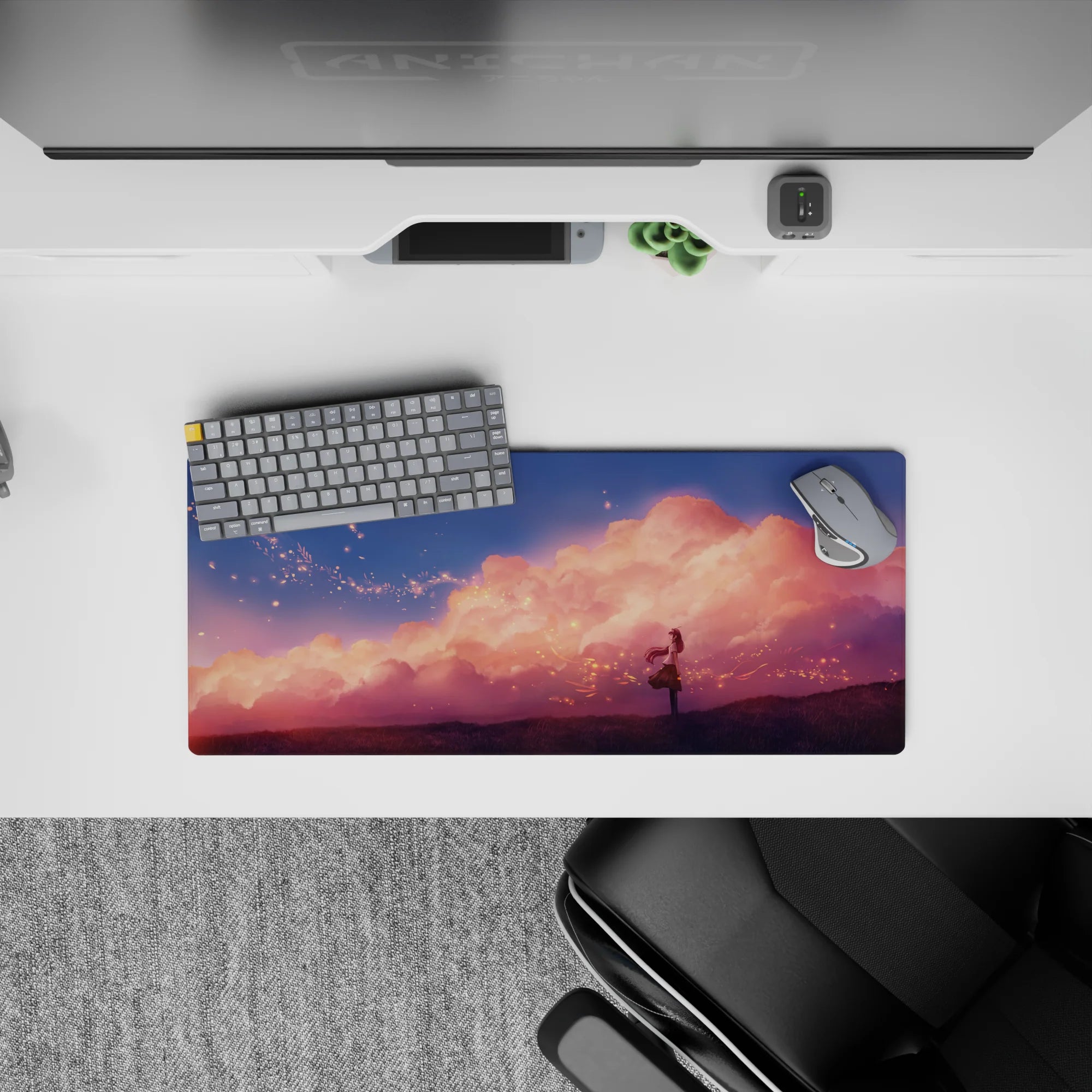 28x12 inches dreamy pink-peach haze and deep violet tones anime girl mouse pad, calm romantic mood.