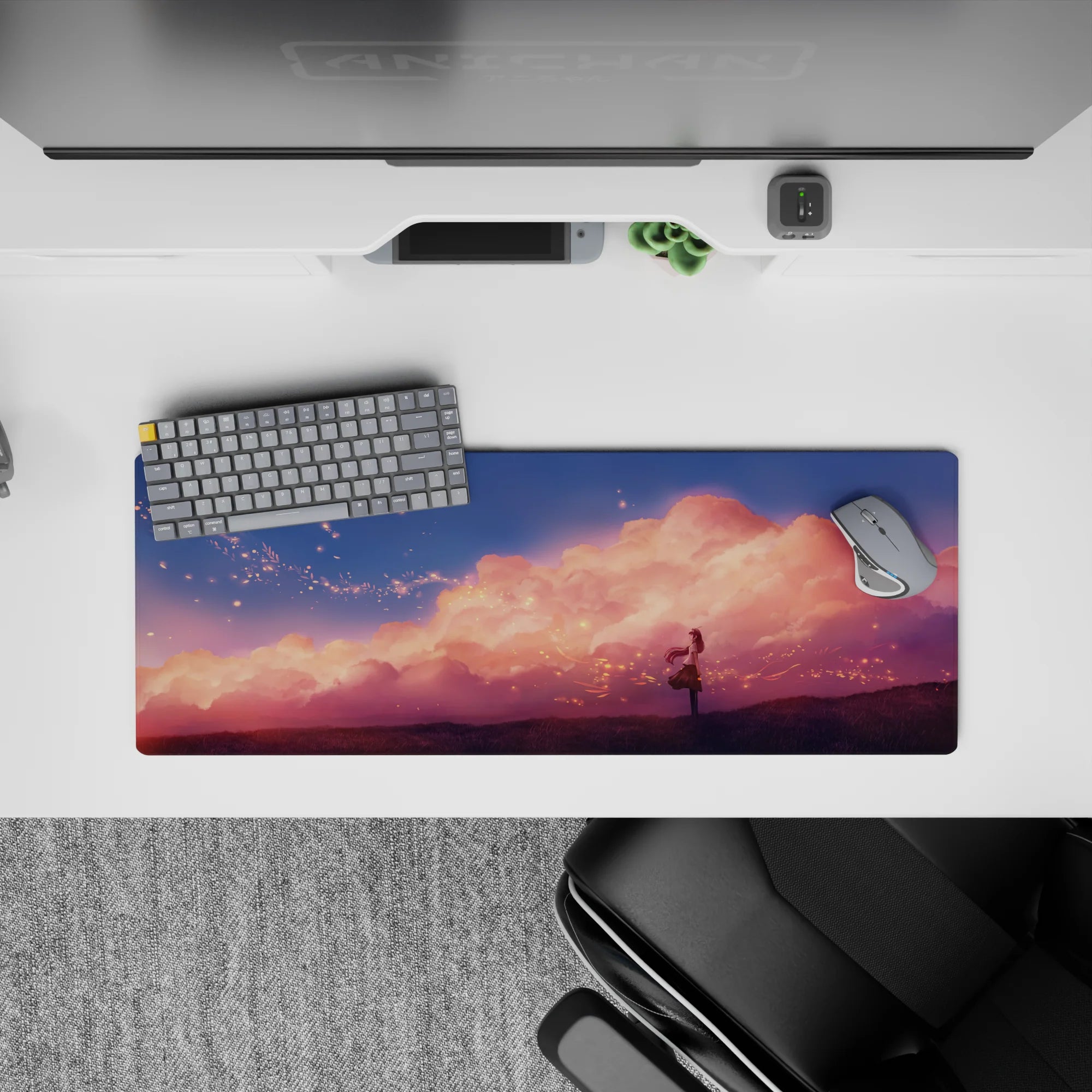 32x12 inches dreamy pink-peach haze mouse pad, calm romantic vibe with soft clouds and warm glow.