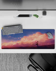 32x12 inches dreamy pink-peach haze mouse pad, calm romantic vibe with soft clouds and warm glow.