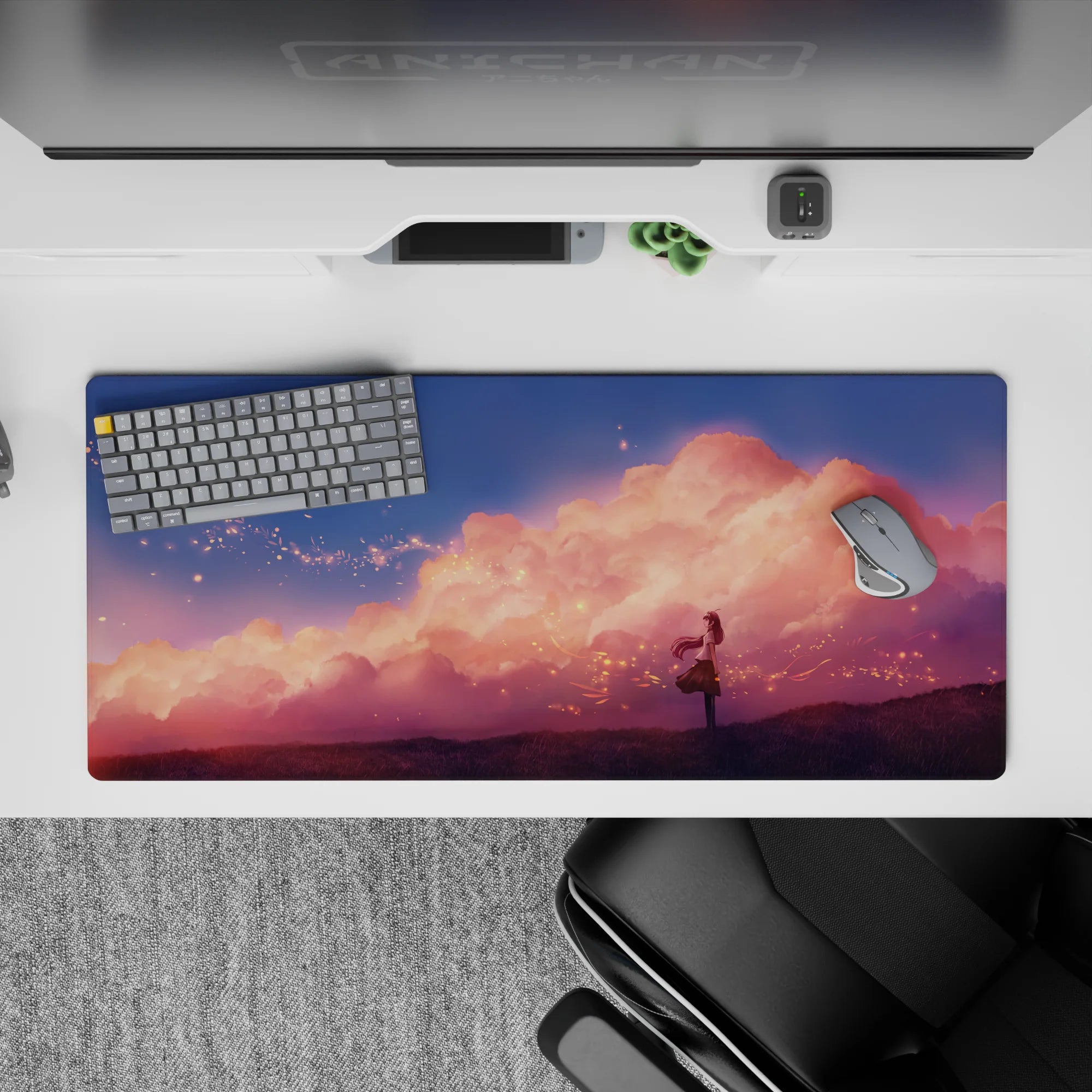 Dreamy pink-peach haze anime desk pad 36x16 inches, cozy romantic mood for work and gaming.