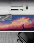 Dreamy pink-peach haze anime desk pad 36x16 inches, cozy romantic mood for work and gaming.