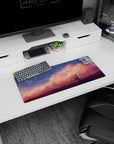 28x12 inches anime girl gazing at the sky under soft sunset clouds with tiny glowing sparks mouse pad.