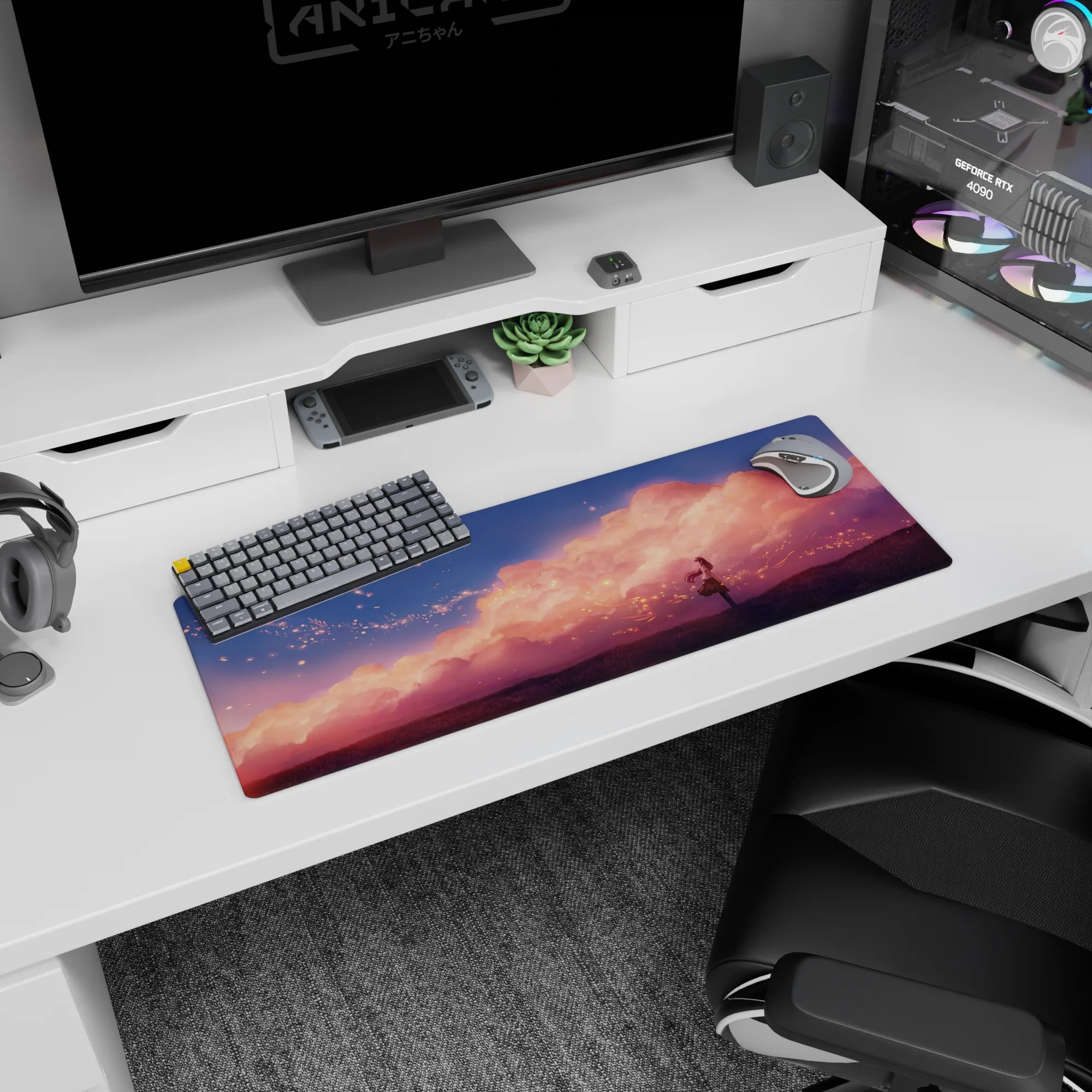 32x12 inches mouse pad featuring a lone anime girl gazing at the sky under sunset clouds and sparks.