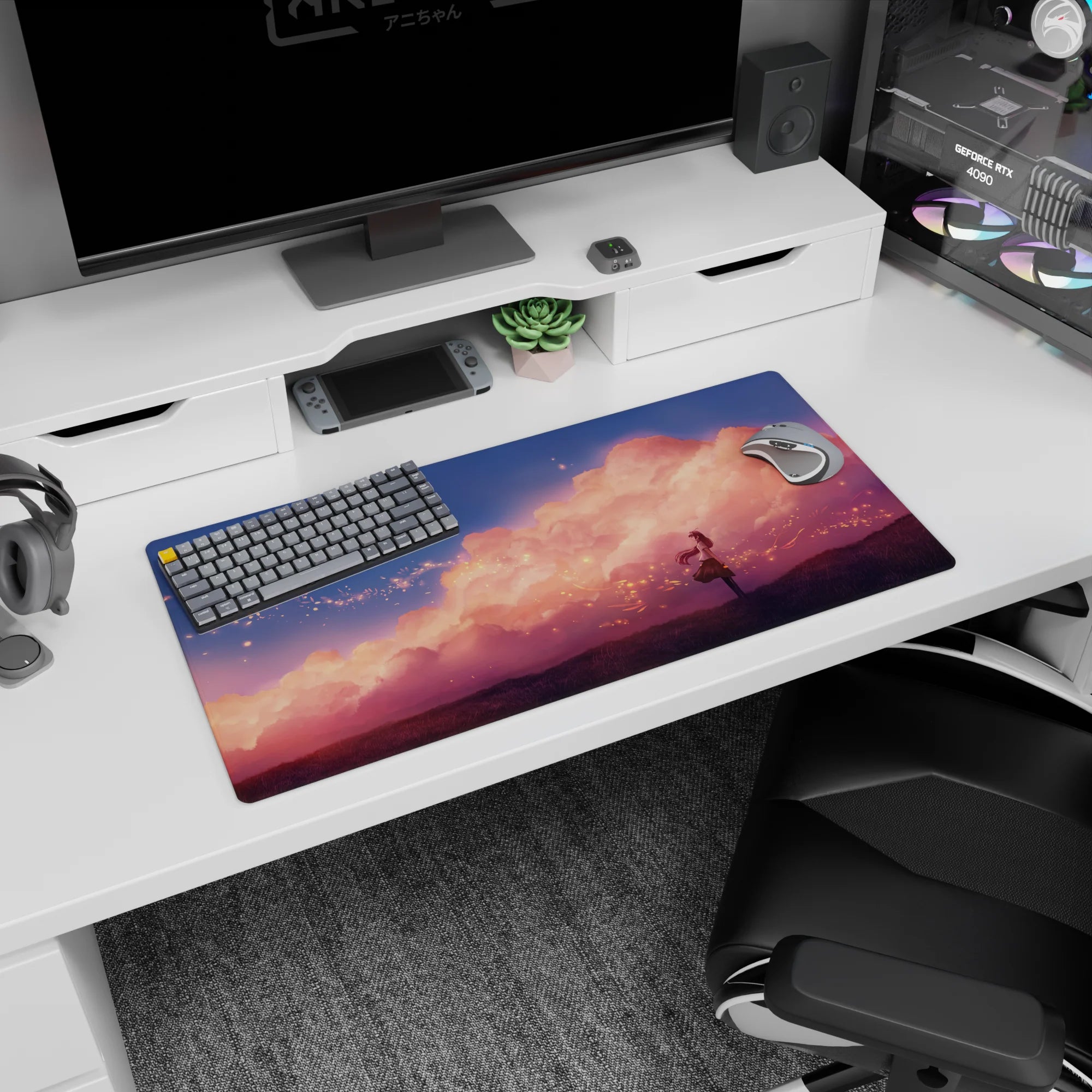 32x16 inches mouse pad with lone anime girl gazing at the sky under soft sunset clouds and sparks.