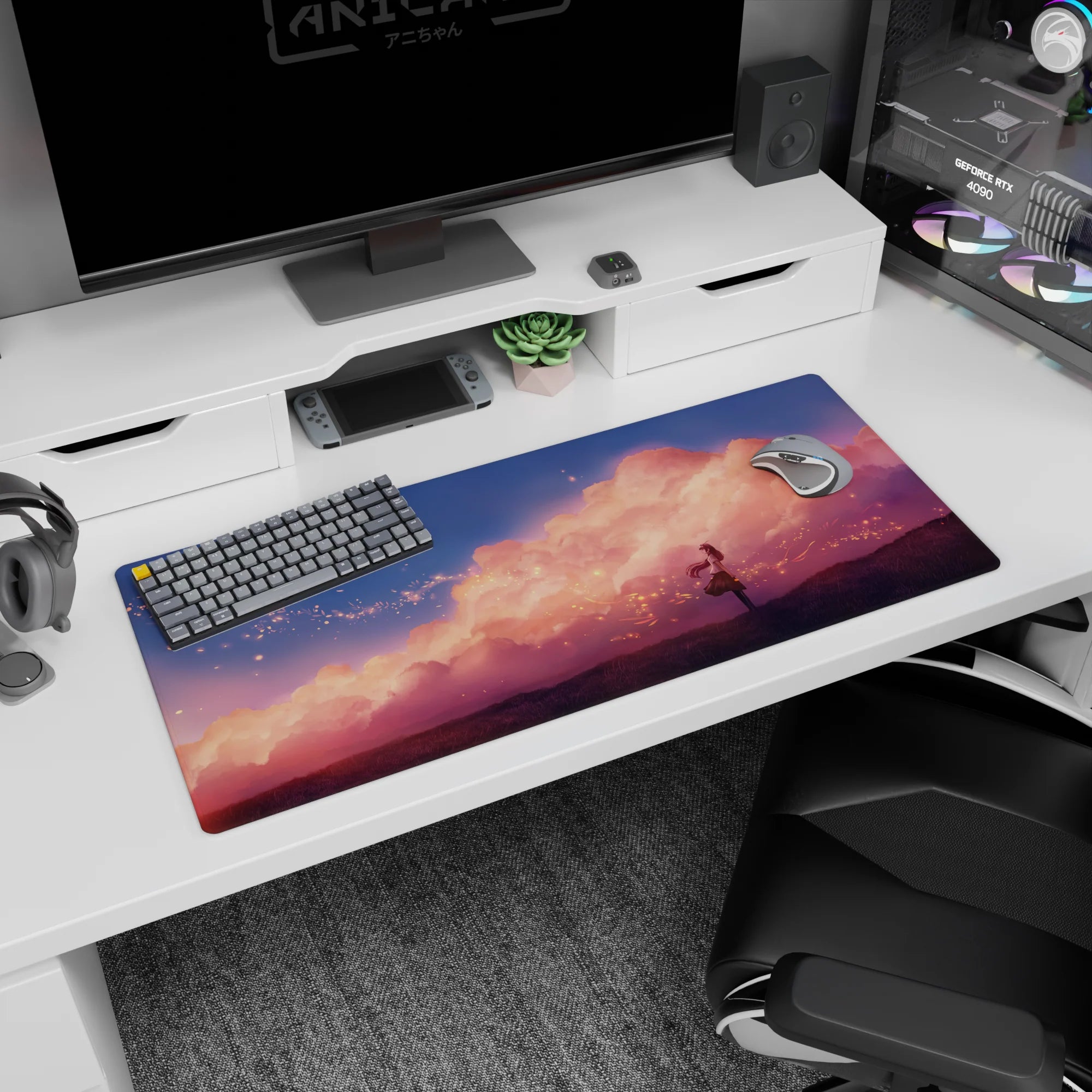 Lone anime girl gazing at the sky on a desk pad 36x16 inches, soft clouds and tiny sparks.