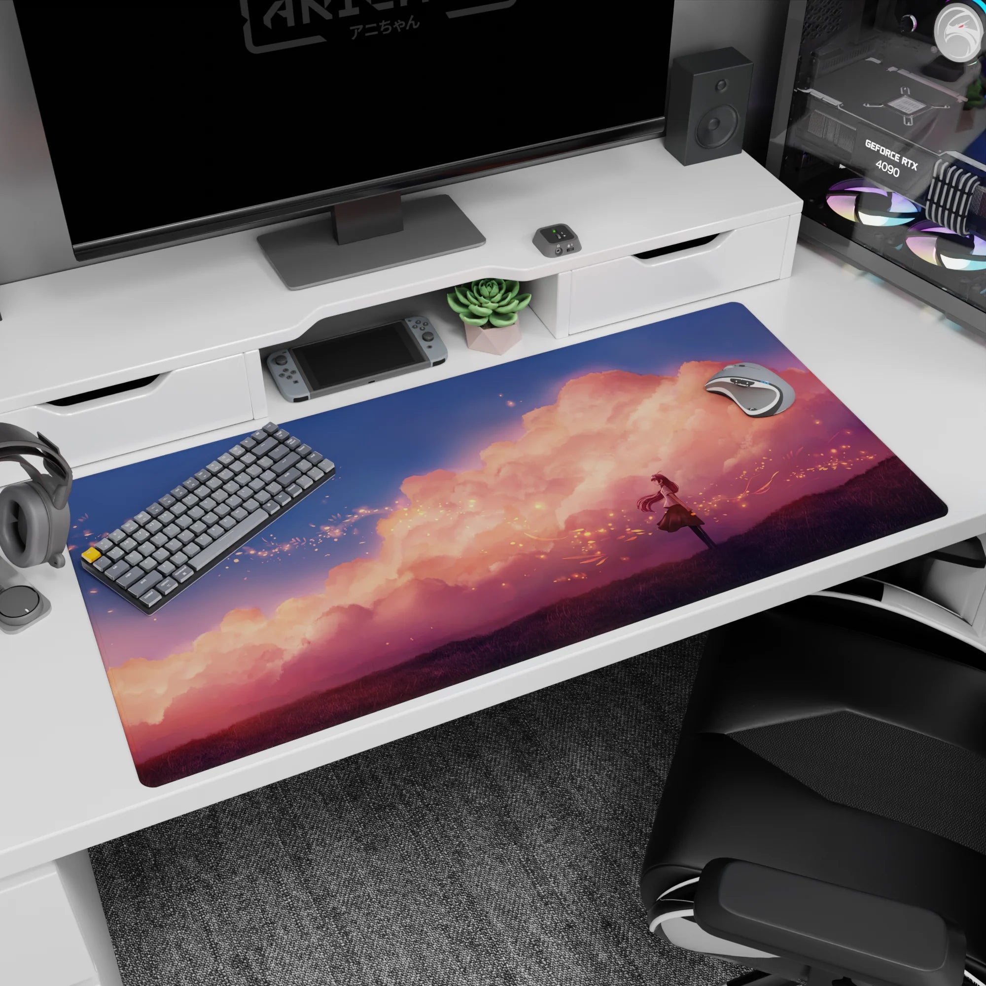 40x20 inches desk pad showing a lone anime girl gazing at the sky with soft clouds and tiny sparks.
