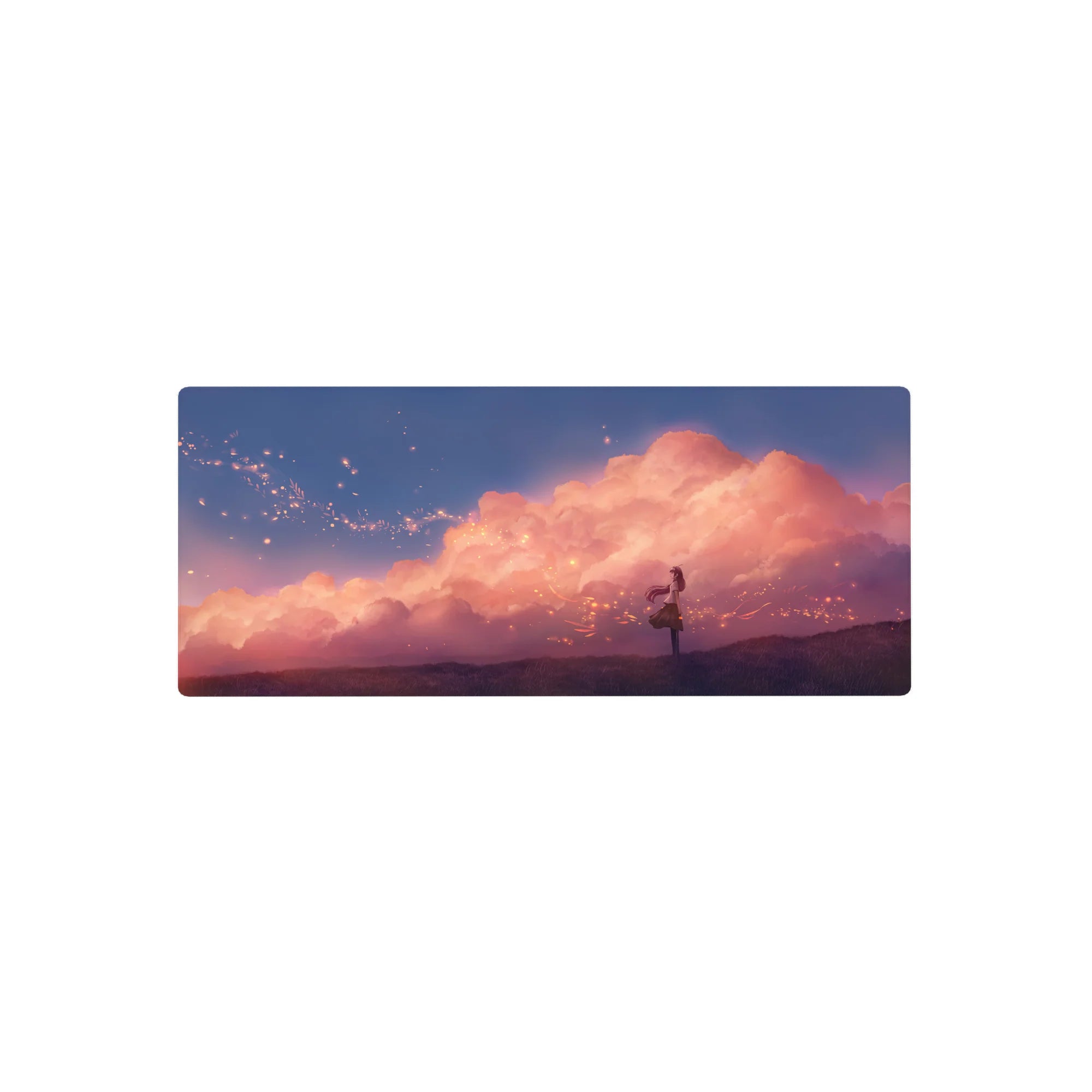 28x12 inches anime girl mouse pad with sunset clouds, glowing sparks, and violet grass desk mat.