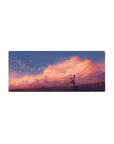28x12 inches anime girl mouse pad with sunset clouds, glowing sparks, and violet grass desk mat.