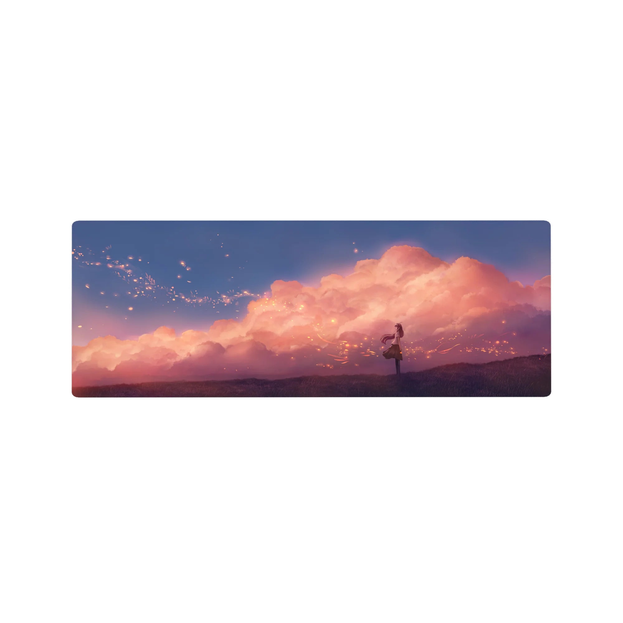 32x12 inches anime girl mouse pad with sunset clouds, glowing sparks, and violet grass desk mat.