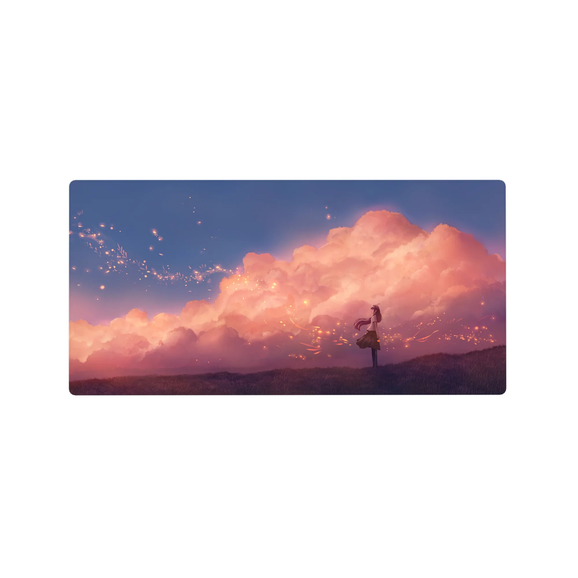 32x16 inches anime girl mouse pad with sunset clouds, glowing sparks, and violet grass desk mat.