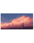 32x16 inches anime girl mouse pad with sunset clouds, glowing sparks, and violet grass desk mat.