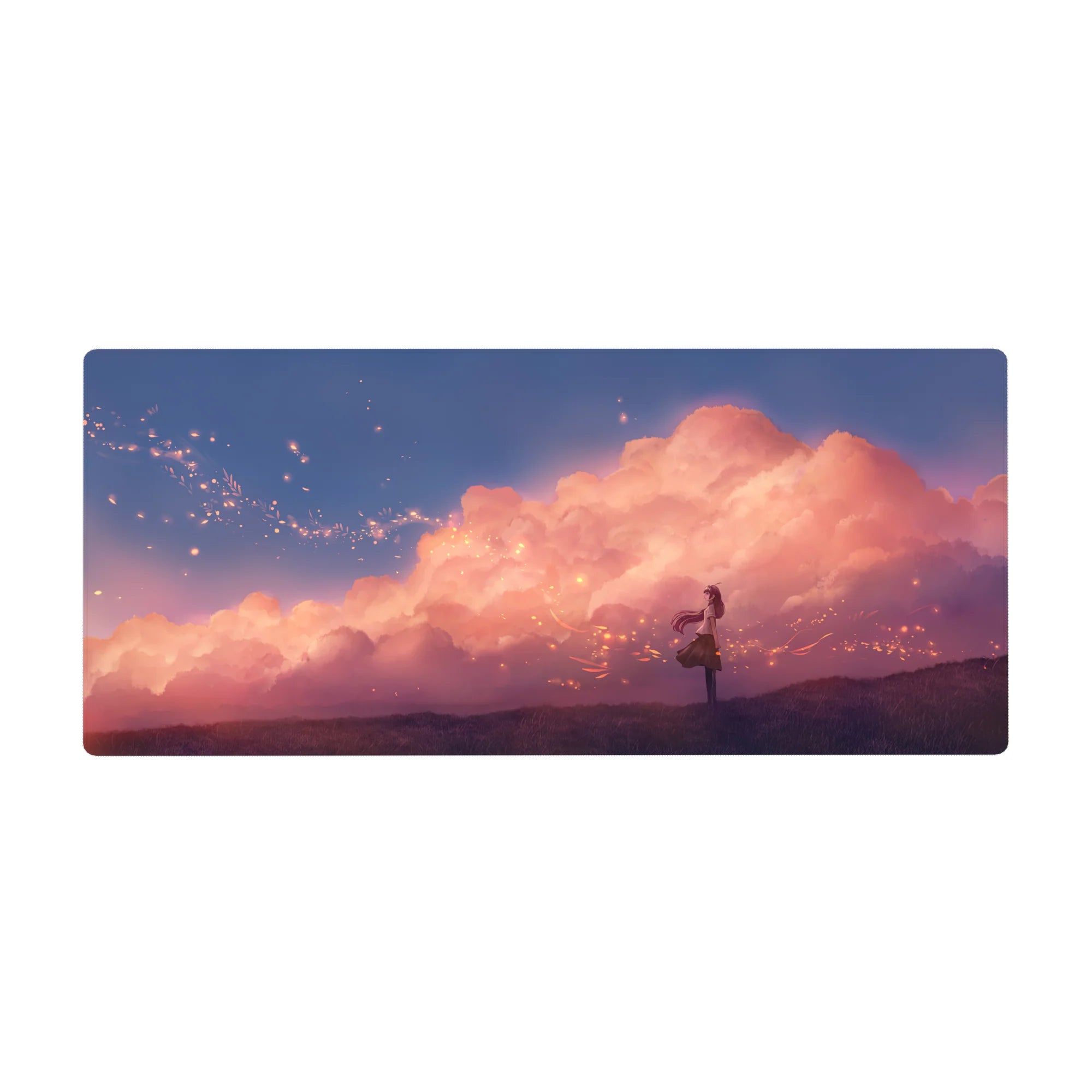 Anime girl desk pad 36x16 inches with sunset clouds, glowing sparks, and violet grass sky scene.
