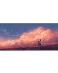 Anime girl desk pad 36x16 inches with sunset clouds, glowing sparks, and violet grass sky scene.