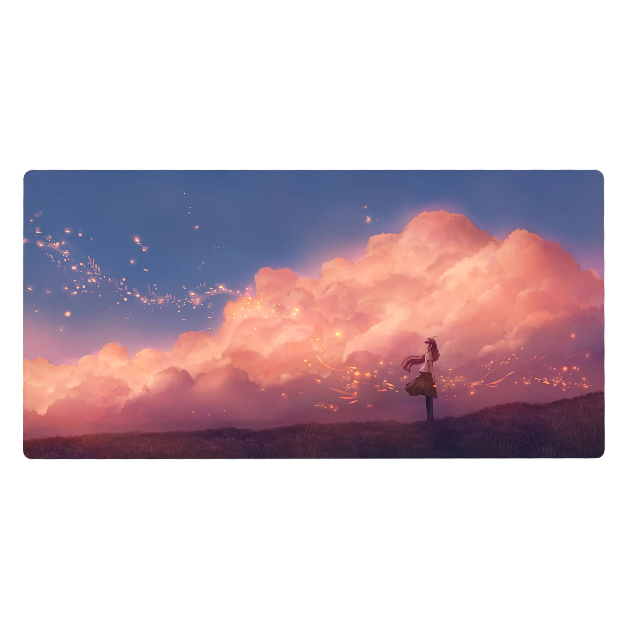 40x20 inches anime girl desk pad with sunset clouds, glowing sparks, violet grass, dreamy sky scene.