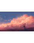 40x20 inches anime girl desk pad with sunset clouds, glowing sparks, violet grass, dreamy sky scene.