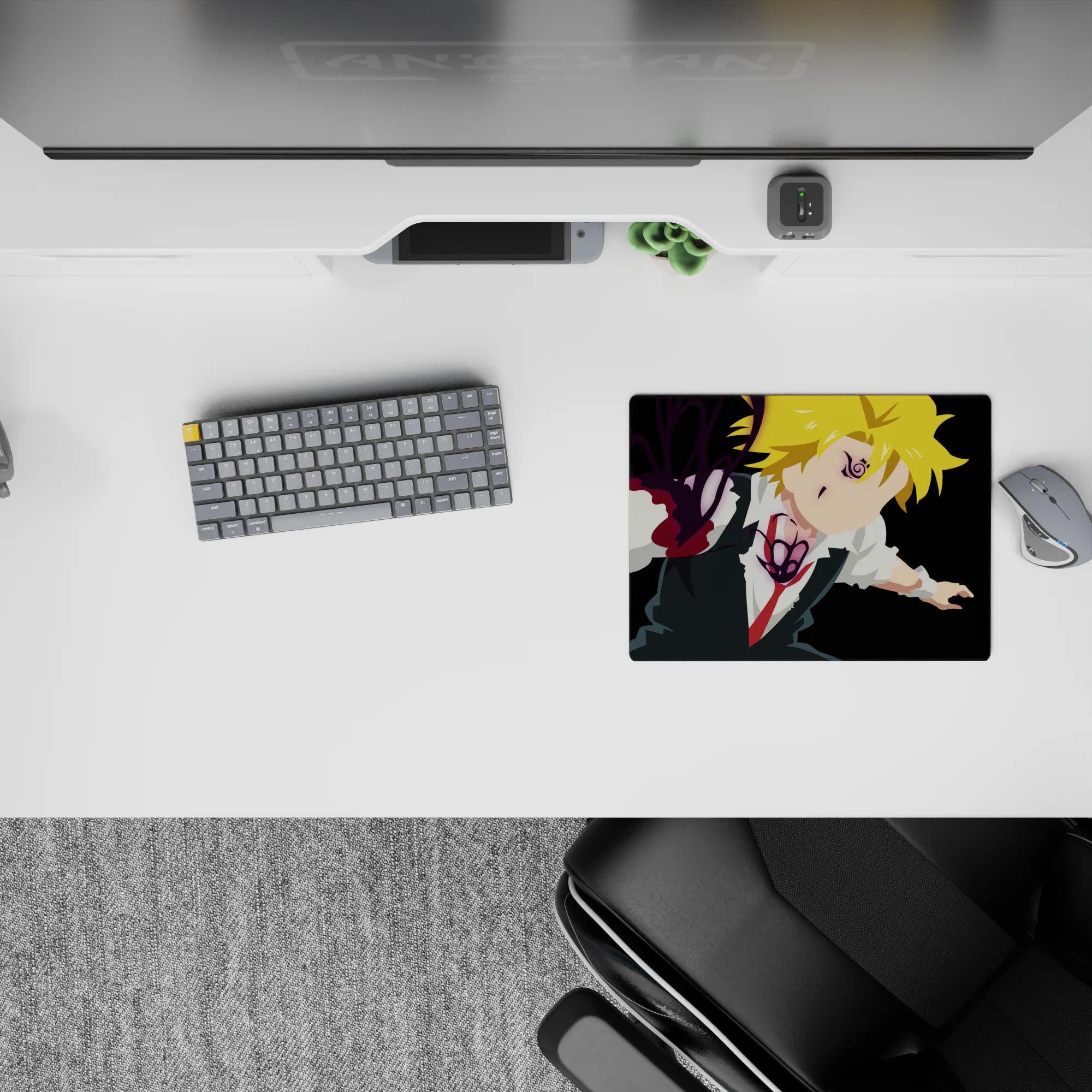 14x10 inches anime mouse pad in deep black, bright blond, crisp white, and glowing violet demon markings.
