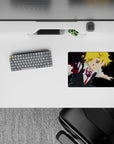 14x10 inches anime mouse pad in deep black, bright blond, crisp white, and glowing violet demon markings.