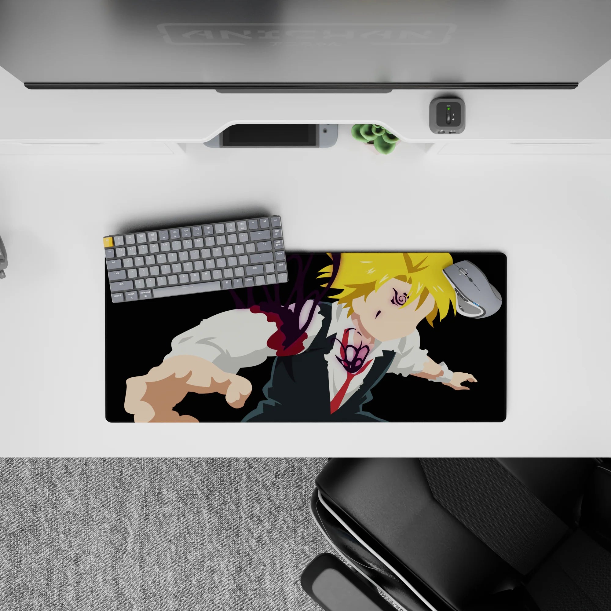 28x12 inches anime mouse pad in deep black and bright blond, violet demon glow, high-energy vibe.
