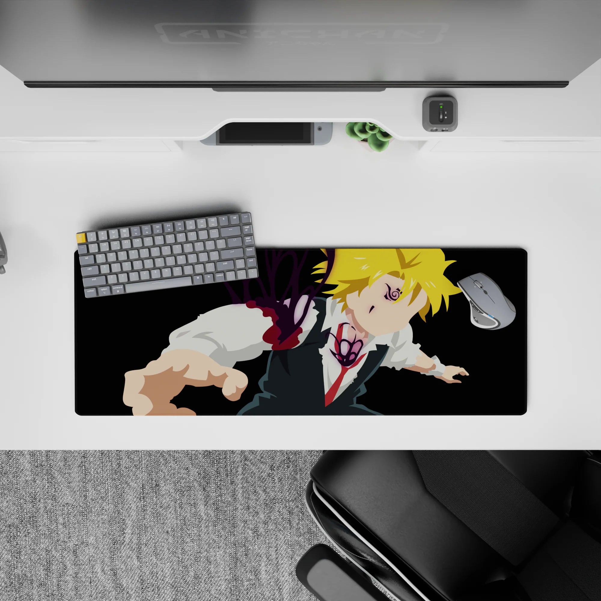 32x12 inches anime desk mat in deep black with bright blond hair, crisp white shirt, and violet demon glow.