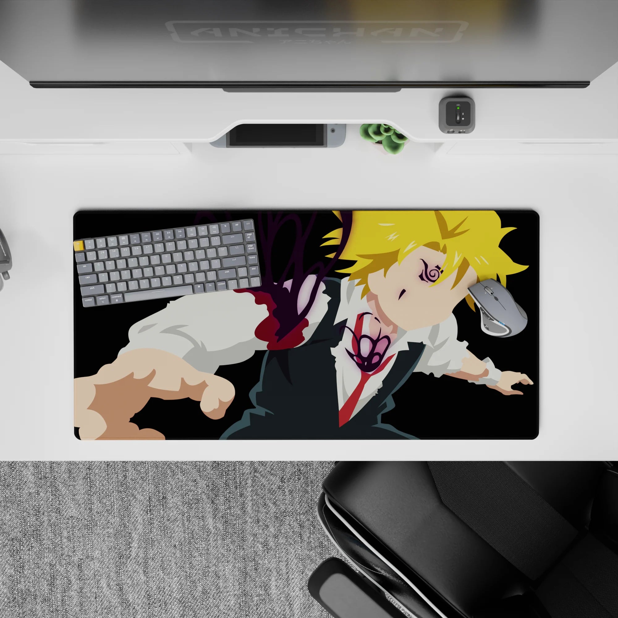 32x16 inches anime mouse pad in deep black with bright blond hair and violet demon glow, high-energy vibe.